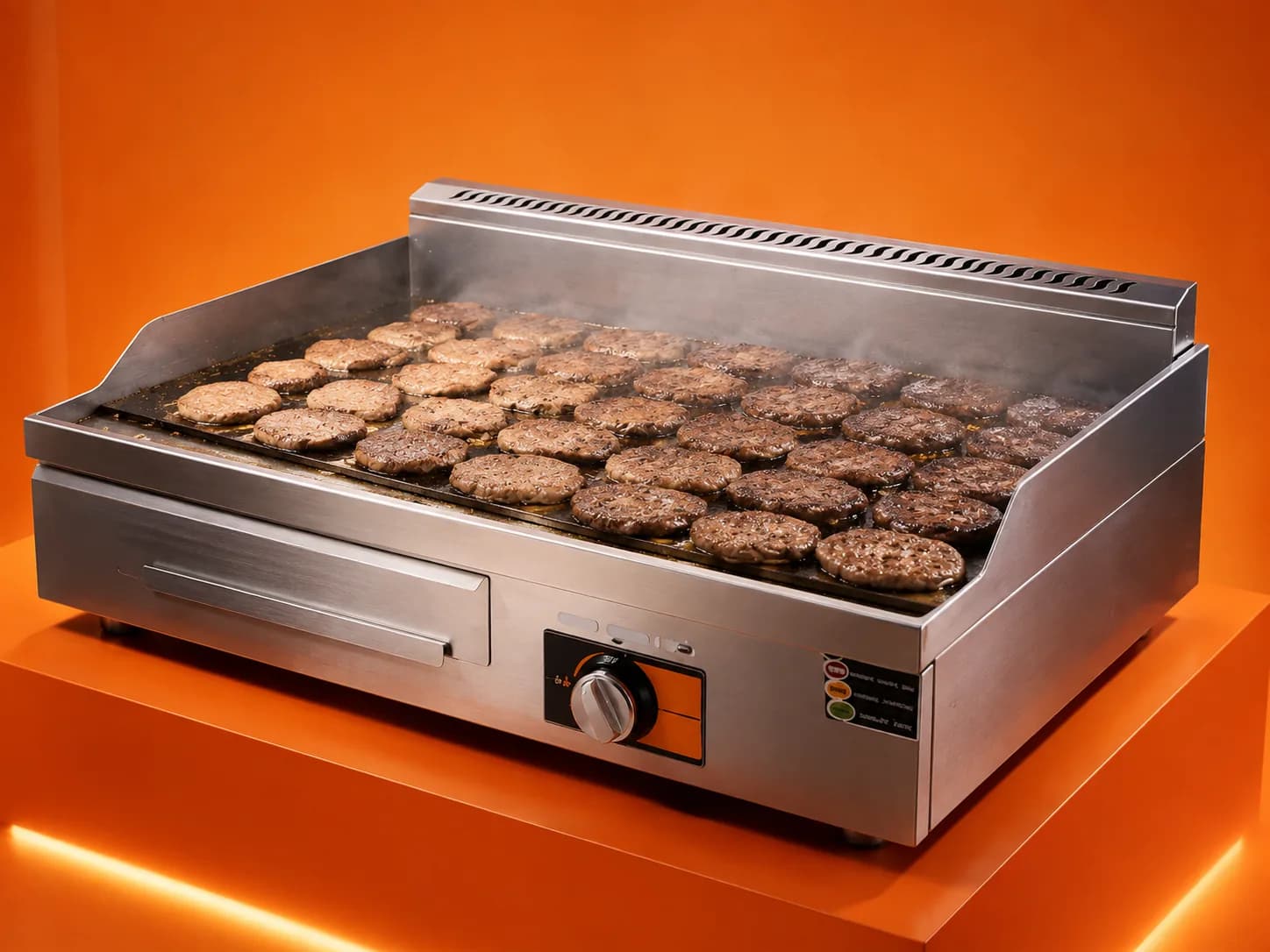 A commercial griddle with a full load of patties cooking on it.