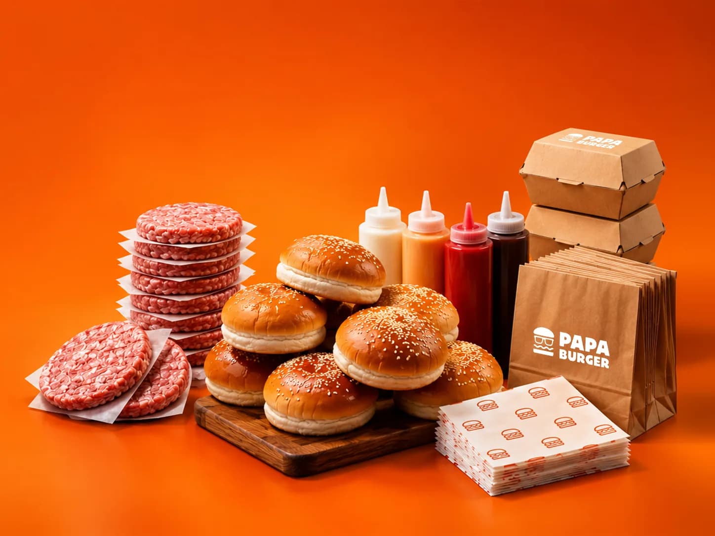 Opening stock: patties, buns, sauces and branded packaging.
