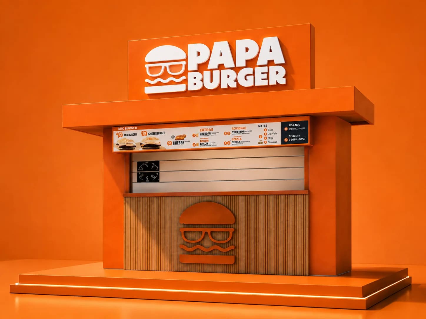 The Papa Burger kiosk: branded signage over a counter and menu board.