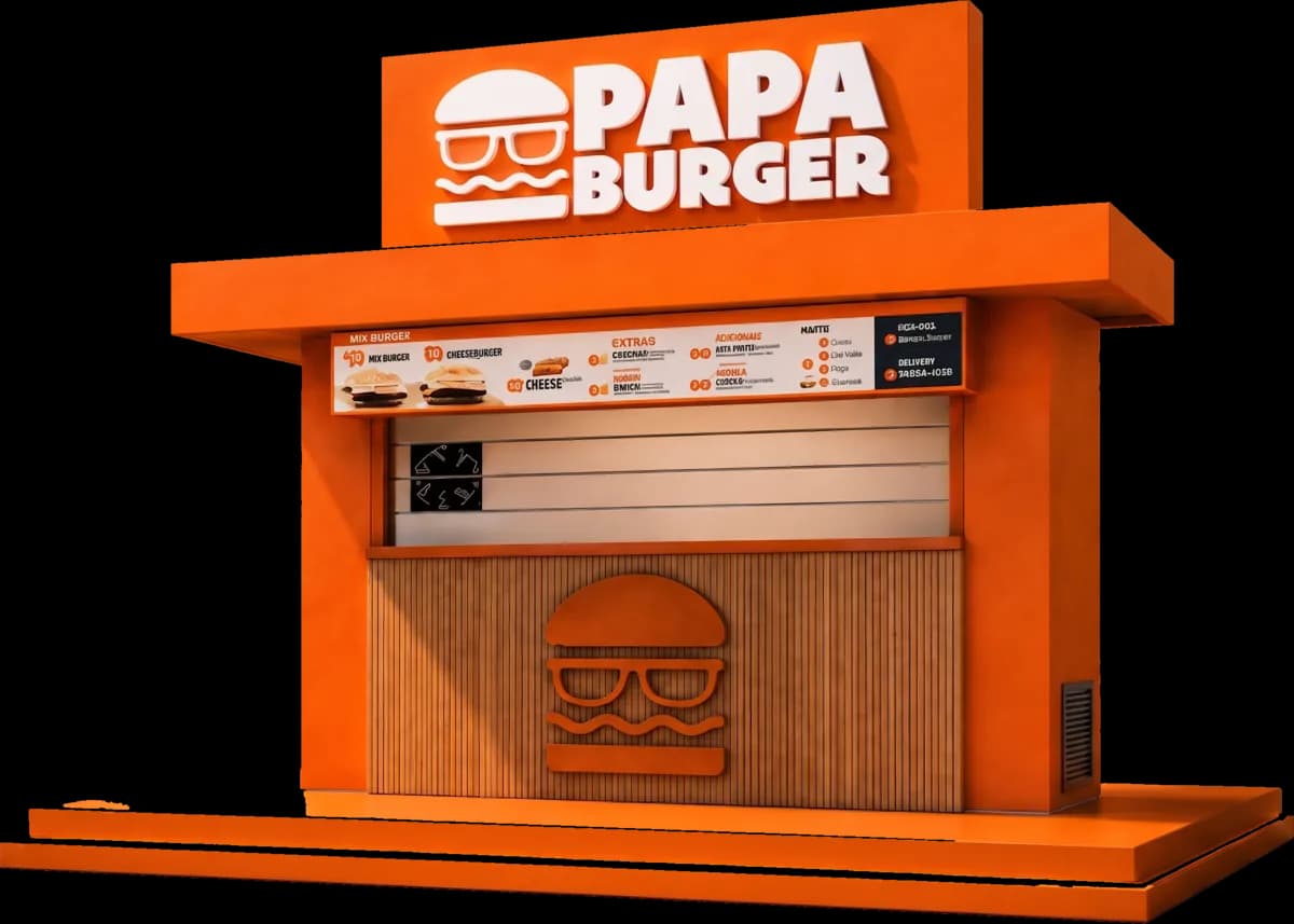 A Papa Burger counter unit: an orange stall under a lit sign, with its menu board above the service window.