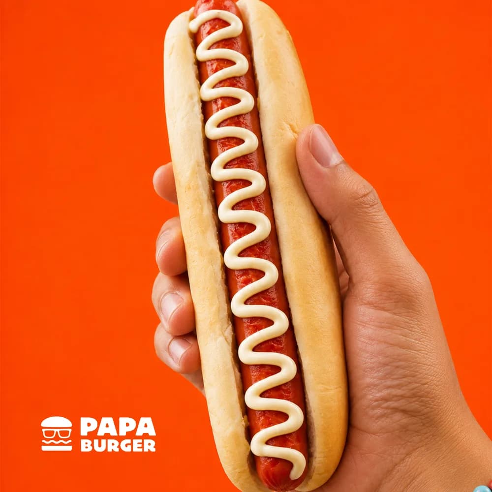A hand holding a Papa Cheesy Hotdog upright.